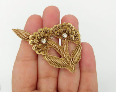 Hand Embroidered Floral Applique Antique Gold With Bullion Wire Zardozi Embroidery Motif, 3 pcs
